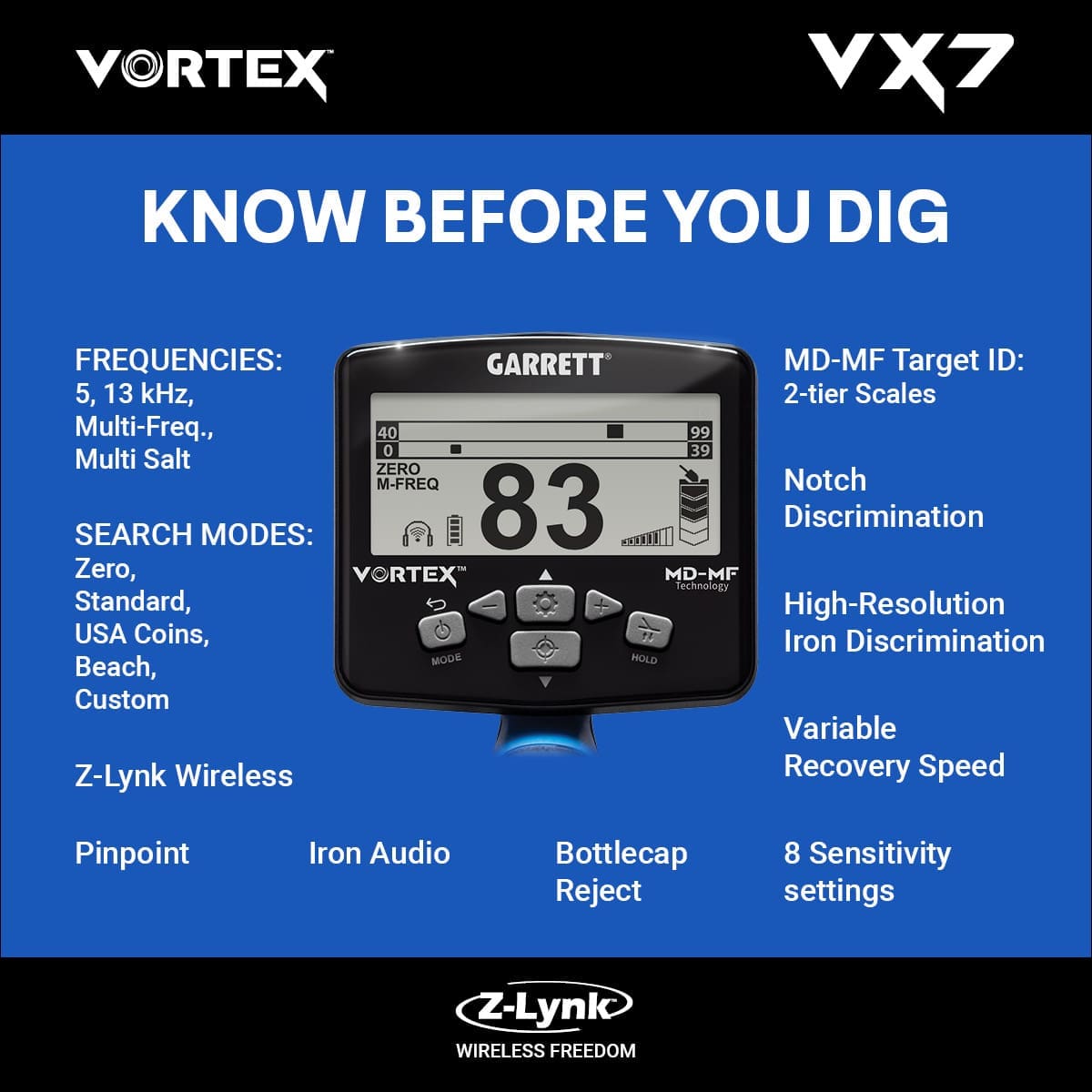Giresun Garrett Vortex VX7 Dedektör - VX7 hedef ID ekranı, iki katmanlı MD-MF okuma ile demir ve iletken hedefleri ayırmaya yardım eder.